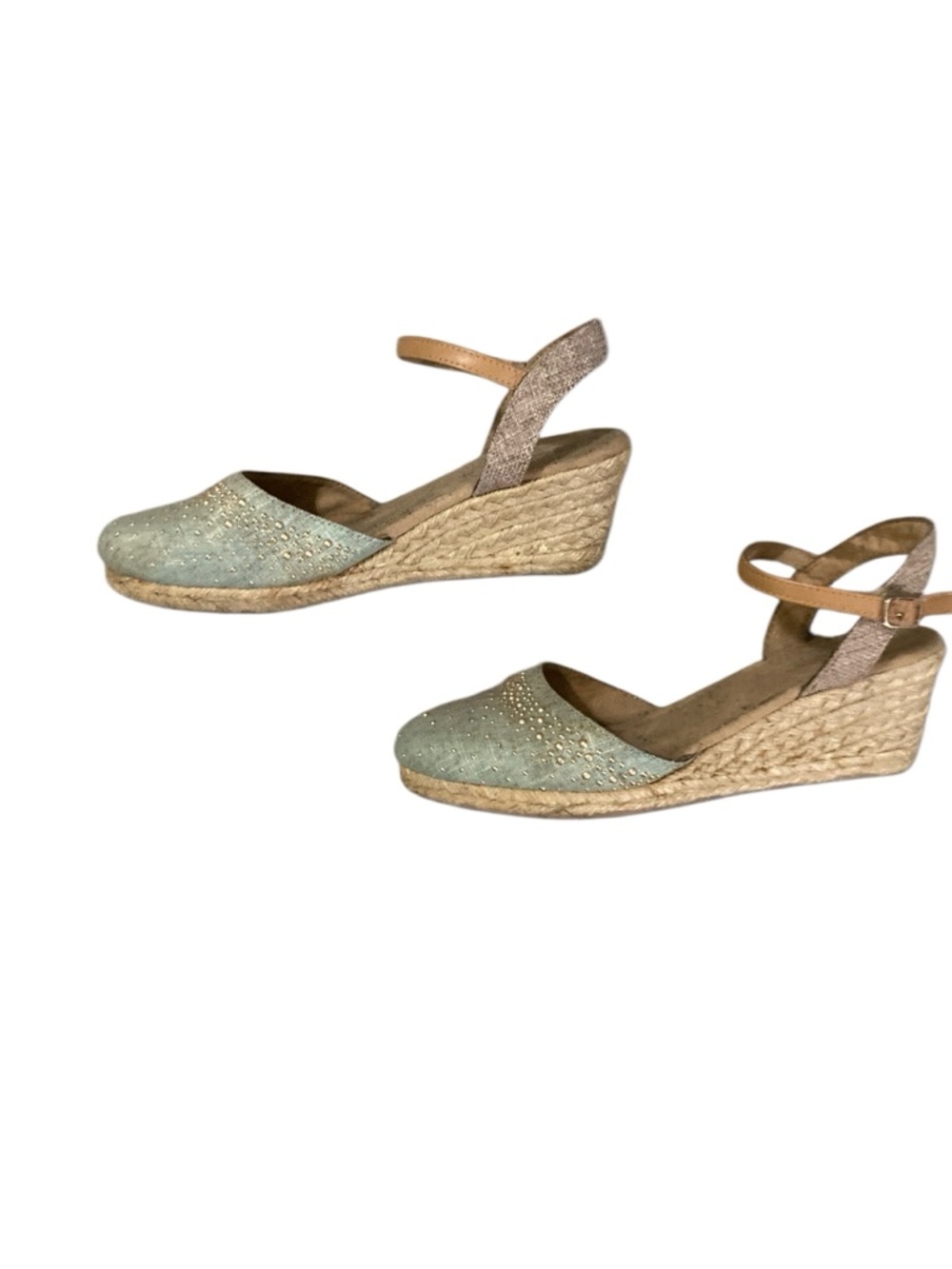 Vintage White Mountain Wedges Mint Green Embellished Rope Wedge Sandals-9.5